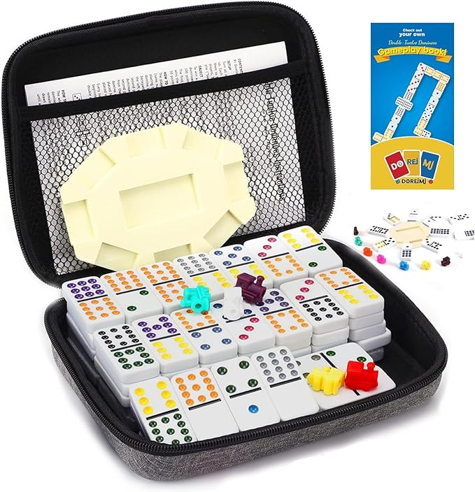 Mexican Train Dominoes Game Set, Double 12 Colored Dot Dominoes with Update Hub, Travel Domino Train Game with 91 Tiles and Portable Carry Case, Family Board Team Games for Kids and Adults