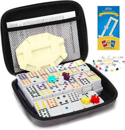 Mexican Train Dominoes Game Set, Double 12 Colored Dot Dominoes with Update Hub, Travel Domino Train Game with 91 Tiles and Portable Carry Case, Family Board Team Games for Kids and Adults