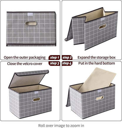 STOREONE Fabric Storage Cube Bins Foldable Organizer Container Collapsible Basket with Lids and Metal Handles, for Home, Bedroom, Closet 6 Pcs (Grey grid)