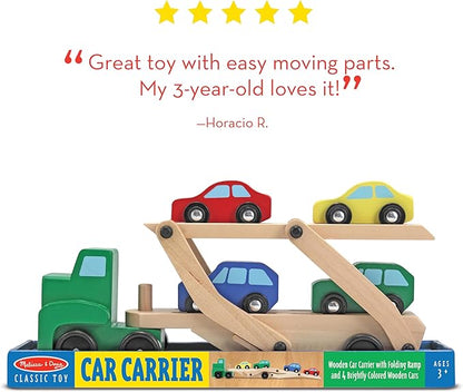 Melissa & Doug Car Carrier Truck and Cars Wooden Toy Set With 1 Truck and 4 Cars Wooden Vehicle Toys, Push And Go Trucks For Toddlers And Kids Ages 3+