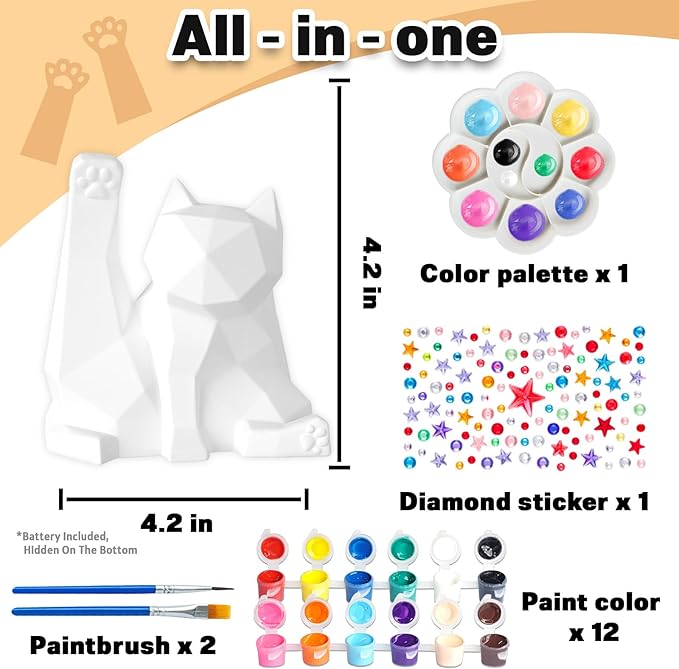 FUNZBO Paint Your Own Cat Lamp Kit - Arts & Crafts Supplies Kitten Painting Kits for Kid Teen Adult, DIY Toy for Toddler Girl Boy Age 3 4 5 6 7 8 9 10 11 12 13 + Easter Valentine Holiday Birthday Gift
