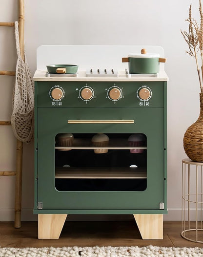 ROBUD Vintage Wooden Toy Kitchen Oven for Kids, Pretend Play Oven with Push-Pull Baking Tray, Realistic Sound Effects, Ideal Gift for 3+ Years Old Grils and Boys