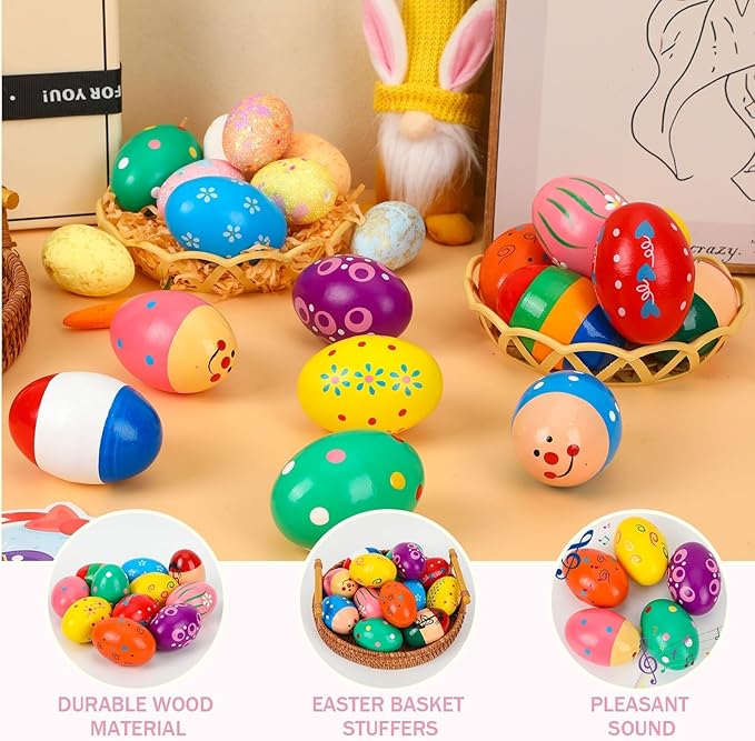 Augshy 14 PCS Egg Shakers Percussion Musical Egg Maracas Easter Egg Kids Toys （Wooden)