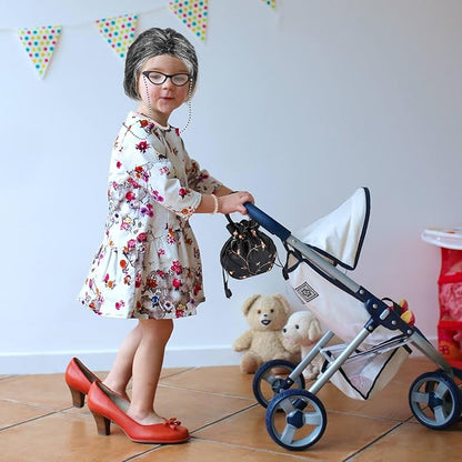 9 PCS 100 Days of School Old Lady Wig Set Include Wig Glasses Necklace Bracelet Glasses Chain Bag Cane and Stickers