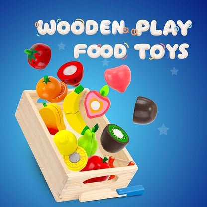 Wooden Play Food Set for Toddlers Toys Pretend Play Kitchen Accessories Fruit Cutting Set for Kids Gift for Boys Girls Montessori Educational Toys