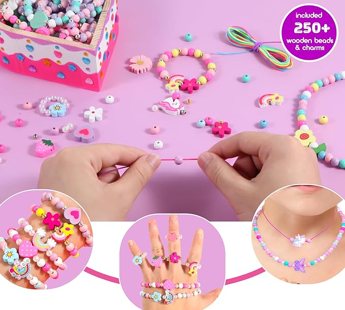 Paint Your Own Jewelry Box & Jewelry Making Kit - Arts and Crafts Painting Kits for Kids Girls Age 6-8, 250 PCS Wooden Beads Bracelets Making Kit Toys Gifts for Christmas Birthday 8-12 Years Old