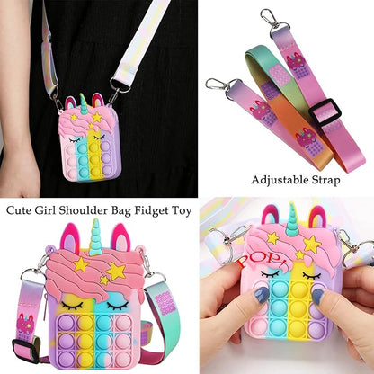 Fidget Purse, Pop Fidget Push It Bubble Popper Unicorn Bag with Bulk Fidget Bracelets Key Chain Stress Relief Toys for Girls Ages 3-12 Gift Easter Basket Stuffers Birthday Party Favor Xmas Stocking