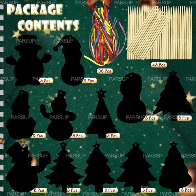 96Pcs Christmas Tree Snowman Scratch Paper Rainbow Color Scratch Ornaments Christmas Decorations Hanging Craft Art Kits with Wooden Stick and Ribbon for Kids Christmas Winter Party Favors