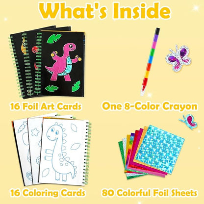 Foil Art Craft Activity for Kids: Fun DIY Toy Sticker Kit, No Mess Creative Travel Supply Set, Idea Birthday Easter Basket Stuffers Valentines Gift for Girl Boy Toddler 4 5 6 7 8 9 Year Old (Dinosaur)