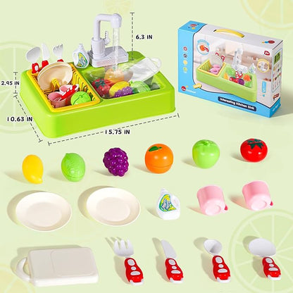 Play Sink with Running Water Play Kitchen Toddler Girl Toys Sink Kitchen Sink Toys with Apron Children Electric Dishwasher Kids Sink Running Water Play House Pretend Role Play Sink for Toddlers 1-3