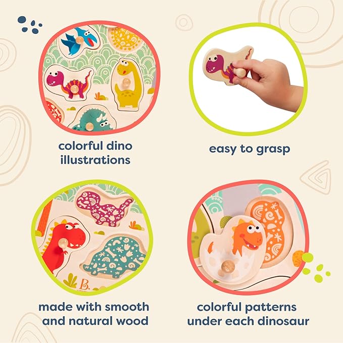 B. toys- Stomping Dinos- Wooden Peg Puzzle – Dinosaur Puzzle – 8 Pieces – Classic Toys for Toddlers, Kids – 18 Months +