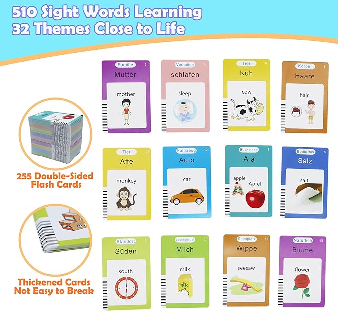 MAYAPHILOS German and English Bilingual Pocket Speech with 510 Sight Words, German Language Learning Toys for Kids, Audible Talking Flashcards, Toddlers' Sensory Preschool Educational Birthday Gifts