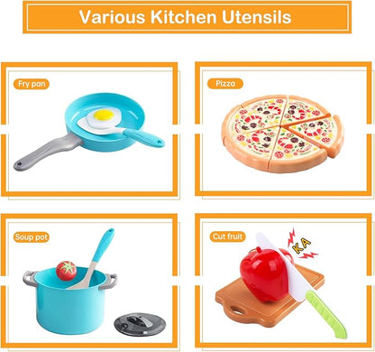 150Pcs Kitchen Playset, Toddlers Pretend Cooking Cookware Accessories, Food, Picnic Blanket, Fruits, Veges, 2Pack Shopping Storage Basket, Dessert and Prop Money, Gift for Kids (Turquoise)