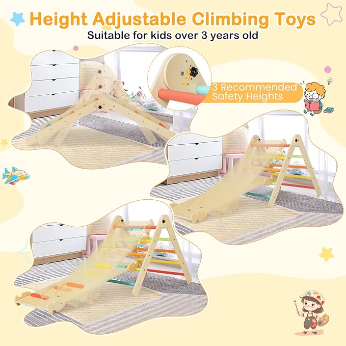 HONEY JOY Climbing Toys for Toddlers, 4 in 1 Foldable Wooden Montessori Kids Triangle Climber, Double Side Ramp & Climber, Baby Learning Indoor Climbing Ladder Gym for Boys Girls (Colorful)