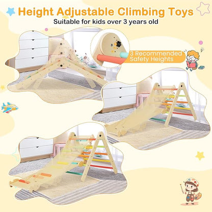 HONEY JOY Climbing Toys for Toddlers, 4 in 1 Foldable Wooden Montessori Kids Triangle Climber, Double Side Ramp & Climber, Baby Learning Indoor Climbing Ladder Gym for Boys Girls (Colorful)
