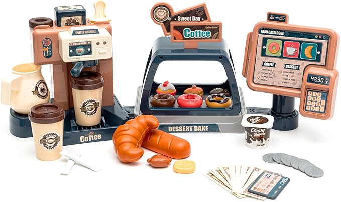 Jomifin Pretend Role Play Toy Coffee Shop for Boys and Girls with Coffee Maker Machine and Fake Donuts 41Pcs (Classic Edition)