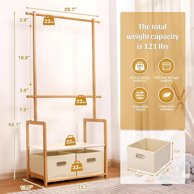 Kids Clothing Rack Bamboo with 2 Storage Baskets and 2 Adjustable Hanging Rods,Child Garment Holder with Shelf, Dress up Racks for Playroom,Toddlers Bedroom (Natural)