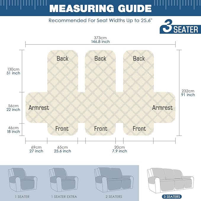 TAOCOCO Recliner Sofa Slipcover Couch Covers for 3 Cushion Couch, Pet Sofa Cover for 3 Seat Recliner Sofa, Washable Reclining Furniture Protector with Elastic Straps(3 Seater, Light Gray)