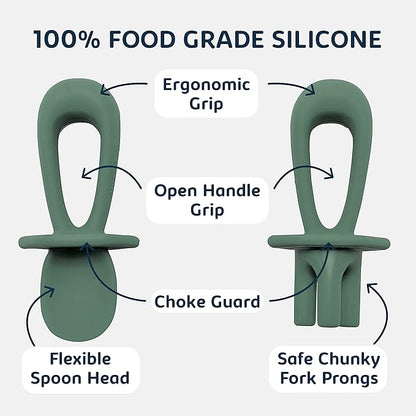 Tiny Twinkle Silicone Training Utensils - Baby Spoons and Baby Forks For Self-Feeding Training - Silicone Baby Led Weaning Utensils For Toddlers And Babies 6-24 Months - Baby Feeding Supplies (Olive)