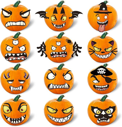 Halloween Pumpkin Decorating Kits,12 Sheets,66 Pcs,Makes 24 Pumpkins(12 Designs)- Halloween Party Supplies Trick or Treat Party Favors