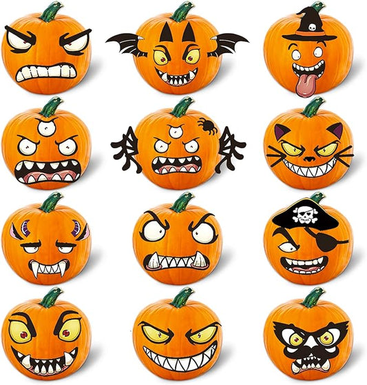 Halloween Pumpkin Decorating Kits,12 Sheets,66 Pcs,Makes 24 Pumpkins(12 Designs)- Halloween Party Supplies Trick or Treat Party Favors