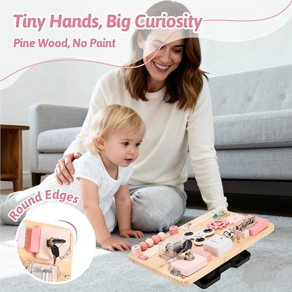 Potatomato Pink Montessori Wooden Busy Board – Sensory Toy for Toddlers – Educational Activity Board for Kids Fine Motor Skills– Travel Fidget Toy for Girls & Boys – Birthday Gift for Autism & ADHD