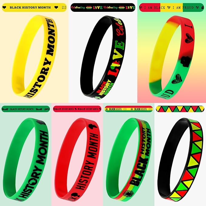 JUNEBRUSHS 42pcs Happy Black History Month Party Favors Silicone Bracelets Rubber Wristbands Accessories for Kids Adults African American Freedom Day Patriotic Party Decorations Gift Bag Fillers