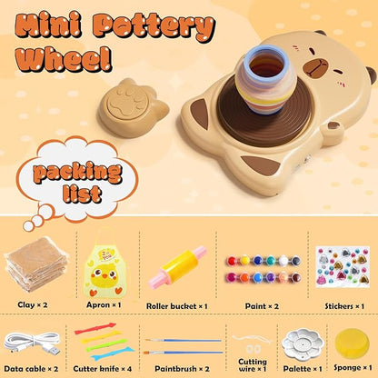 Skirfy Mini Pottery Wheel Machine Kit for Beginners Kids with Light,Electric Ceramic Wheel with Foot Pedal&Painting Kit, Adjustable Speed,Clay Spinner DIY Tools for Art Craft Birthday (Brown)