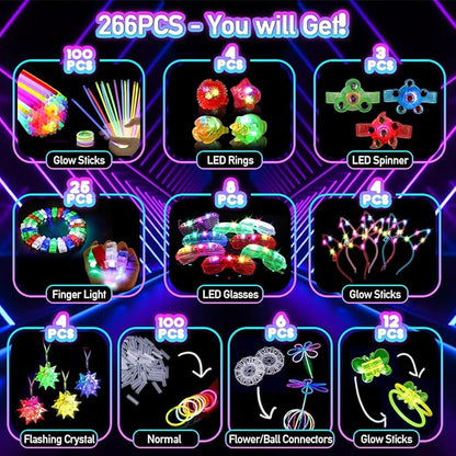 266PCS Glow in the Dark Party Supplies for Kids Adults, Light Up Party Favors LED Glasses, Headband,Rings,Finger Light,Bracelets,Meteor Necklaces,100 Glow Sticks Bulk DIY Necklaces Neon Party Supplies