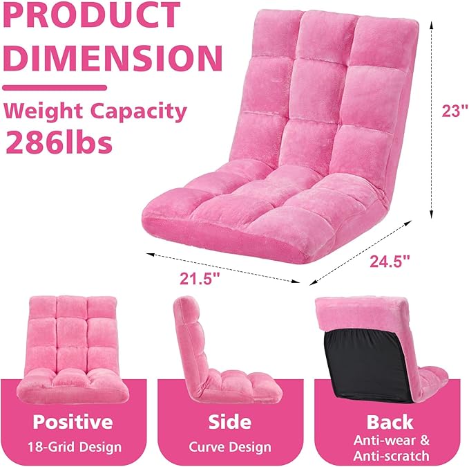 Folding Floor Chair 14-Position Cushioned Adjustable Floor Lazy Sofa Chair w/Breathable Cotton & Skin-Friendly Flannel for Adults & Kids Ideal for Reading Meditating, Pink