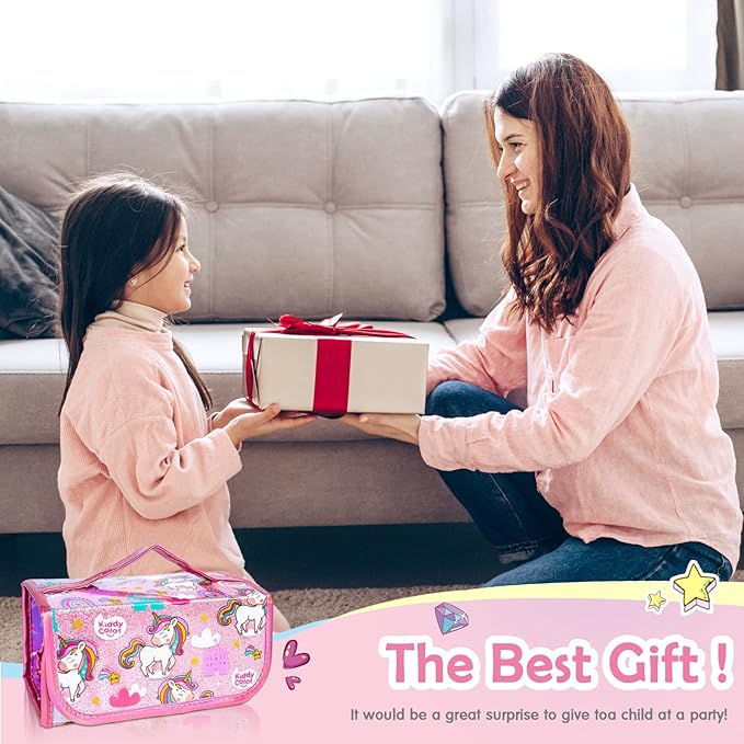 KIDDYCOLOR Unicorn Washable Markers Set 69 pcs with Glitter Pencil Case - Arts and Crafts Coloring Kit for Kids Ages 4-8, Includes Unicorn Stickers - Perfect Gifts for Girls