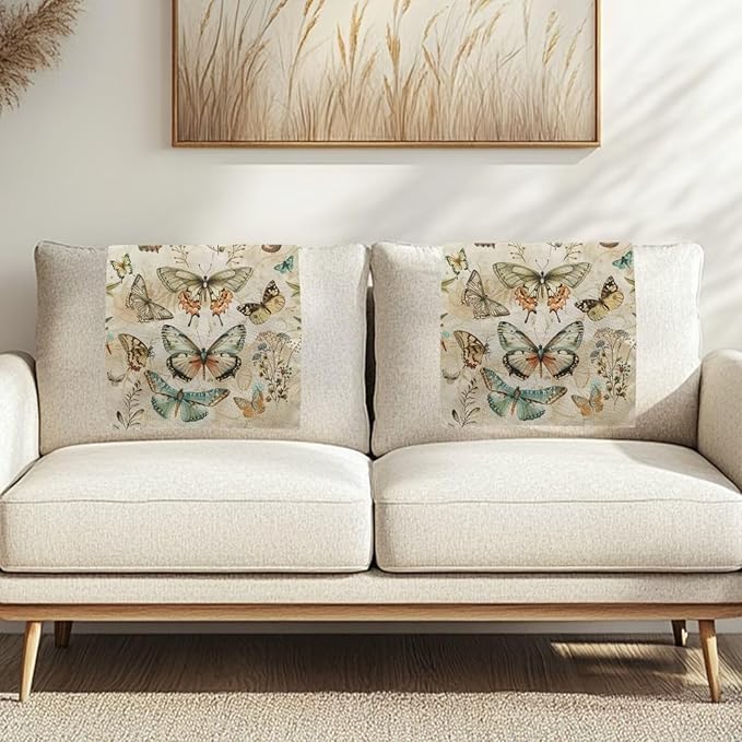 Retro Butterfly Recliner Headrest Cover Fabric Sofa Headrest Slipcovers Pet Scratch Resistant Couch Headrest Covers Furniture Protector for Home Couch Loveseats Decoration Set of 2