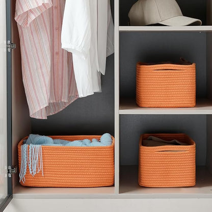 3-Pack Small Storage Baskets for Organizing | Woven Shelf Toy Basket | Rope Baskets for Gifts Empty | Closet Organizer Bins with Handles | Cube Decorative Box | 11.8×7.8×5.1” | Orange
