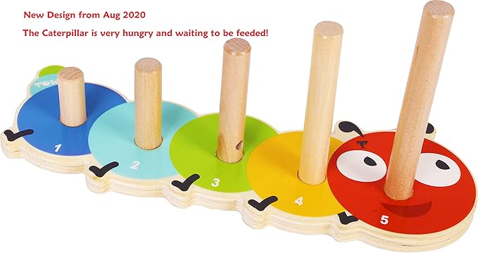 TOWO Wooden Stacking Rings Baby –Lovely Caterpillar Counting Game - Colour Sorting Puzzle - 5 Pegs Ring Stacker - Counting Rings Early Learning Wooden Toys for 1 Year Old Gift First Birthday Boy Girl