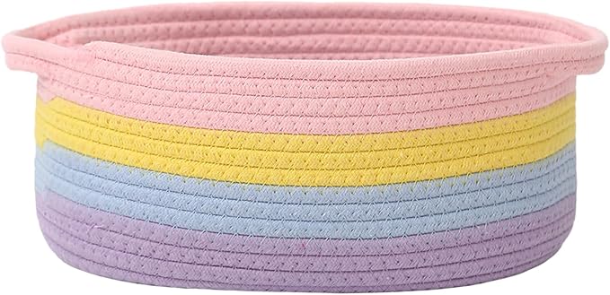 JMvicyroam Woven Basket,Small Rope Storage Bin with Handles & Ribbon Bag, Organizer for Shelves Closets,Gift Basket Empty for Birthday,Books,Dog Toys, Rainbow