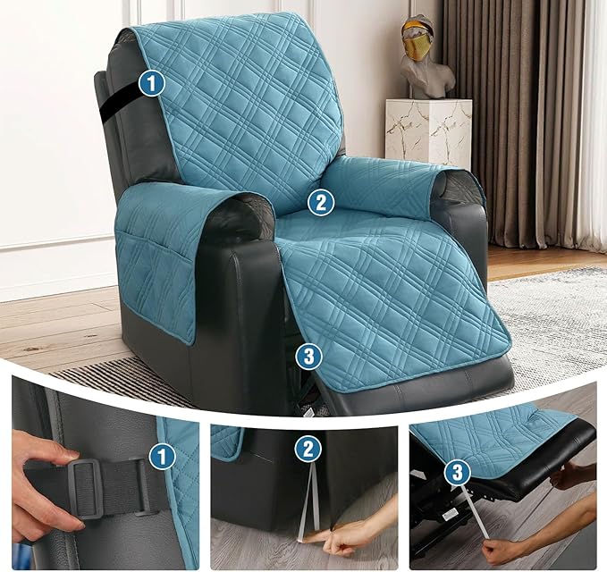 H.VERSAILTEX 100% Waterproof Recliner Chair Cover Non-Slip Sofa Slipcover with Elastic Straps for Pets, Dogs Furniture Protector for Electric Power Lift Recliner Washable with Pocket,Smoke Blue/Beige