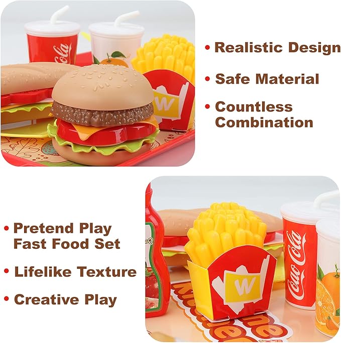 Pretend Play Food Set for Children,Removable Fast Food Playset with Tray Hamburger Hotdog Fries Combo,Play Kitchen Accessories Role Play Toys,Christmas Birthday Gift for Kids Boys Girls(15PCS)