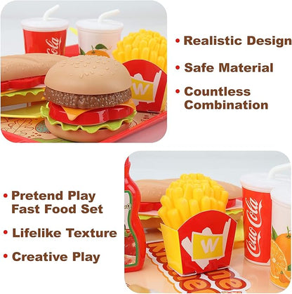 Pretend Play Food Set for Children,Removable Fast Food Playset with Tray Hamburger Hotdog Fries Combo,Play Kitchen Accessories Role Play Toys,Christmas Birthday Gift for Kids Boys Girls(15PCS)