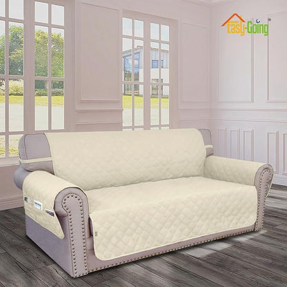 Easy-Going Waterproof Oversized Loveseat Covers Leakproof Couch Cover for 2 Cushion Couch Sofa Cover Washable Sofa Slipcover Non-Slip Furniture Protector with Pocket for Pets (Medium-XL, Ivory)