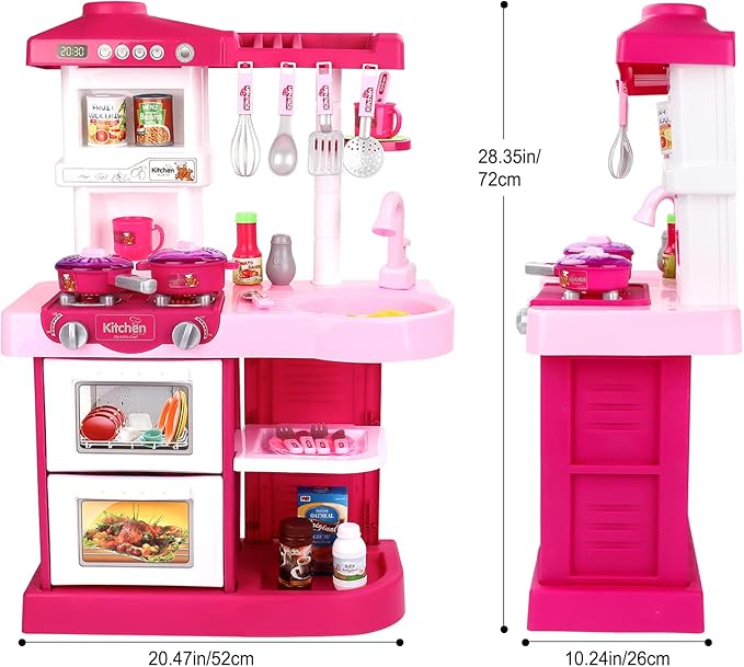deAO Kitchen Playset Toy Pretend Food with Sounds and Lights Role Playing Game Pretend Food Playset for Toddlers,Pink