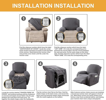 Genina Recliner Chair Covers, Stretch Reclining Chair Covers, Recliner Sofa Slipcovers Stripe Jacquard Lazy Couch Covers Furniture Protector Covers for Pet Kid (Light Grey, 1 Seat)