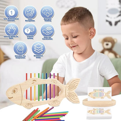 Color Sorting Toys for 3+ Years Old Kids Wooden Fish Shape Montessori Toys Stacking Matching Game Fine Motor Skills for 3 4 5 Toddlers Boys Girls Gift Educational Travel Learning Sensory Color Sorters