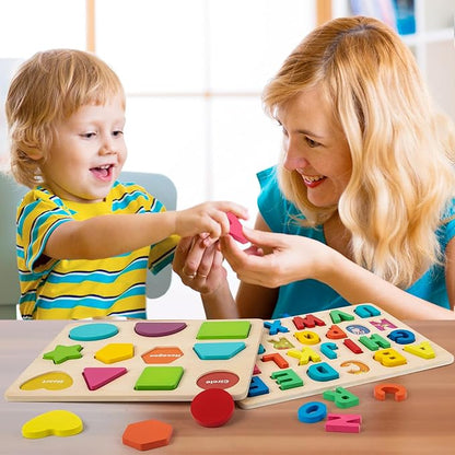 Wooden Puzzles for Toddlers, Alphabet Puzzle and Number Shape Puzzle, 3 in 1 Preschool Educational Learning Toys with Chunky Wood ABC Puzzle Board for 2 3 4 5 Girls Boys Kindergarten Set of 3