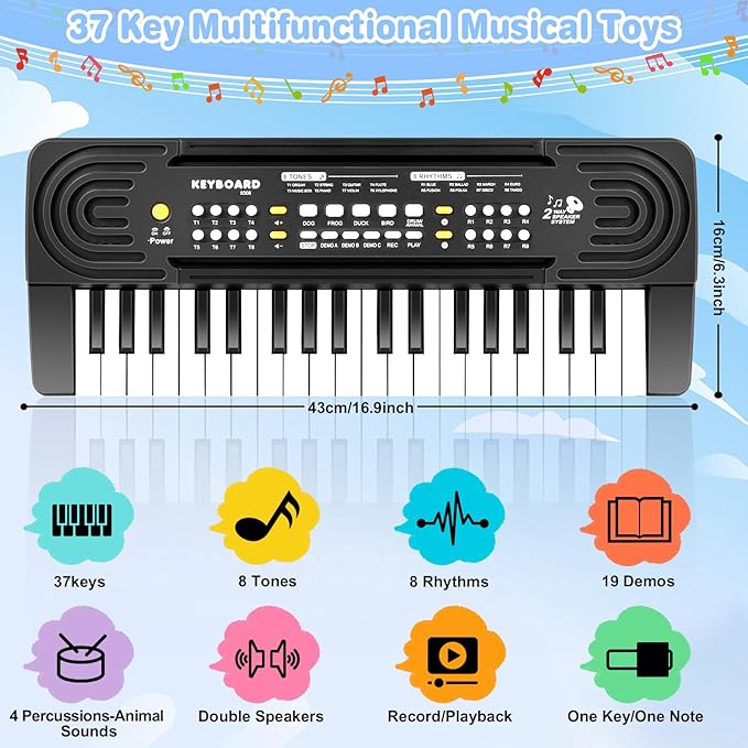 Kids Toddler Toy Piano Keyboard - 37 Key Pianos for Kid Music Toys Instruments with Microphone | Explore Creativity, Perfect Birthday for 3-8 Year Old (Black)