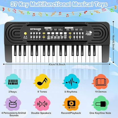 Kids Toddler Toy Piano Keyboard - 37 Key Pianos for Kid Music Toys Instruments with Microphone | Explore Creativity, Perfect Birthday for 3-8 Year Old (Black)