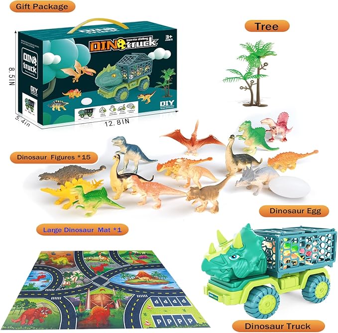 HONGID Dinosaur Truck Toys for Kids 3-5, Triceratops Car Toy with 15 Dino Figures,Large Activity Play Mat, Dinosaur Eggs, Dinosaur Play Set for Boys and Girls,Christmas Xmax,Stocking Stuffers