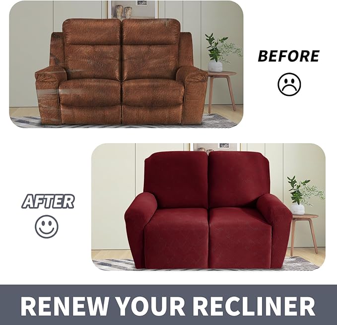 JIVINER Loveseat Recliner Covers, Jacquard 4 Piece Recliner Sofa Cover with Pockets Washable Lazy Boy Reclining Couch Protector with Elastic Bottom (Recliner Loveseat, Wine Red)