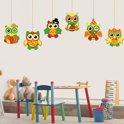 chiazllta 30 Packs Thanksgiving Fall Craft for Kids Thanksgiving Owl DIY Art Craft with Fall Autumn Leaves Pumpkins Stickers Make Your Own Owl Set for Kindergarten Home Class Game Activities