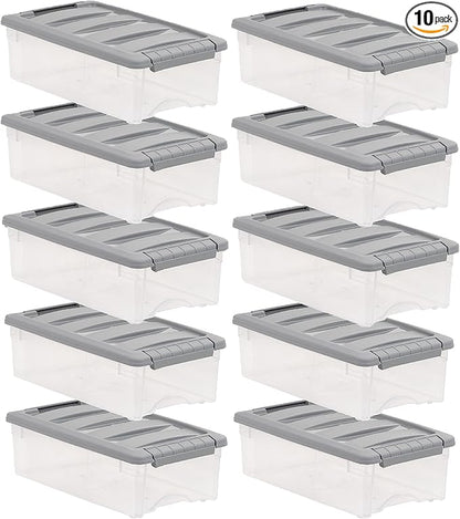 Amazon Basics Plastic Storage Containers with Secure Latching Lids, Stackable Organization Bins for Organizing, Clear/Grey, 5 Quart, Set of 10
