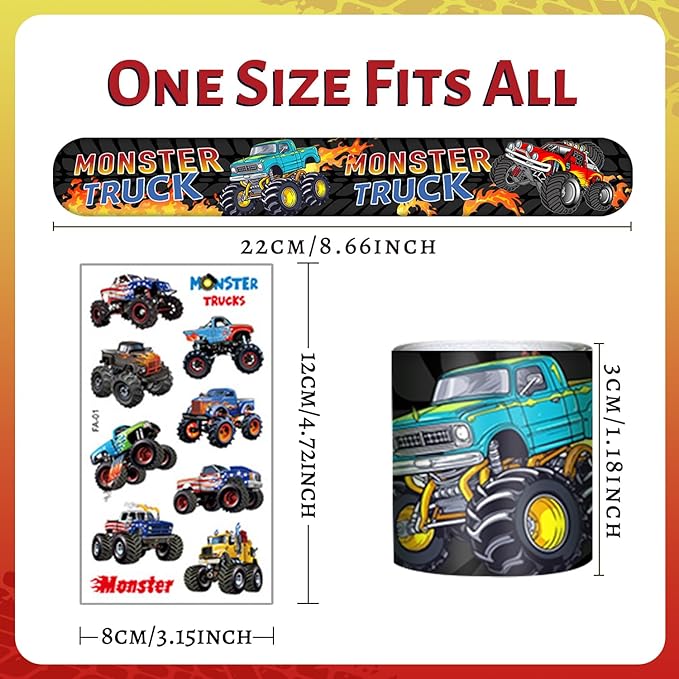 Monster Truck Party Favors 24 Pcs Monster Truck Slap Bracelets 80 Pcs Monster Truck Tattoos Monster Truck Birthdays Party Supplies Decorations Gifts for Kids Boys Classroom Rewards